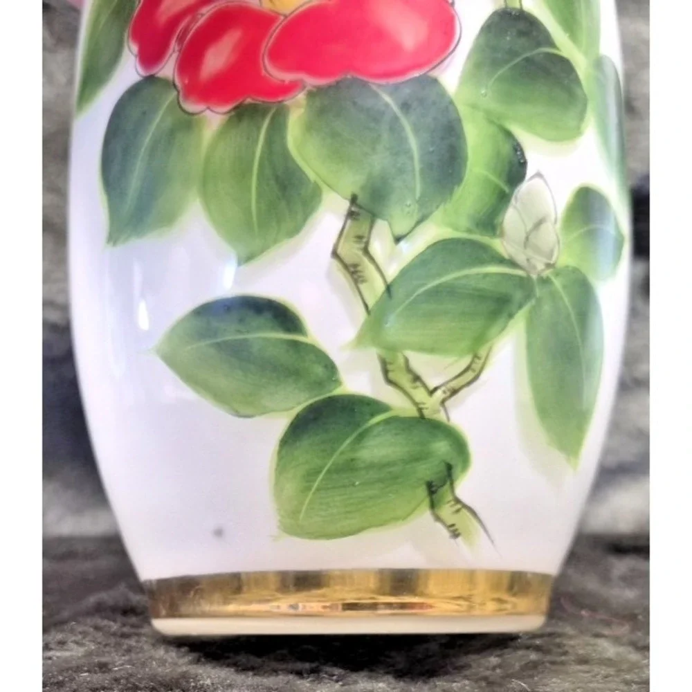 White Hand Painted Glass Bluebird and Camillia Flower Vase with Gold Accent